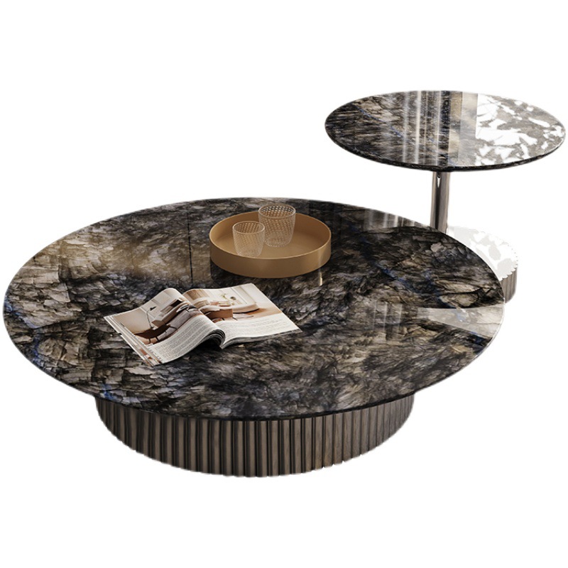 Coffee Table Set with Elegant Marble Tops and Ribbed Metallic Bases