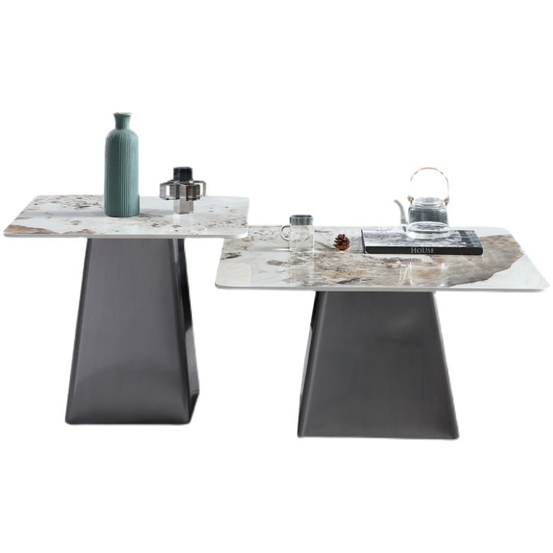 Square Gray Marble Coffee Table with Gray Metal Pedestal Base