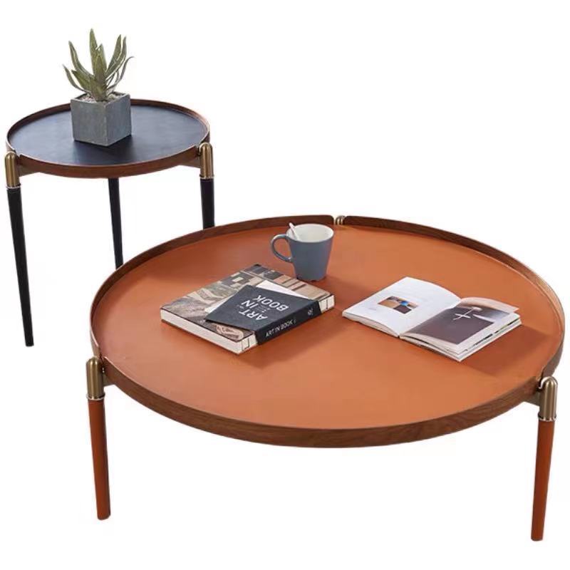 Contemporary Round Coffee Table in Orange Metal 3 Legs with Tray Top