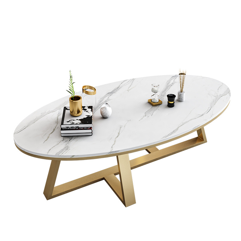 White Oval Stone Top Coffee Table with Iron Cross Base Cocktail Table